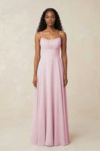 A-Line Ruched Chiffon Spaghetti Strap Bridesmaid Dress in Candy Pink - Curvevia