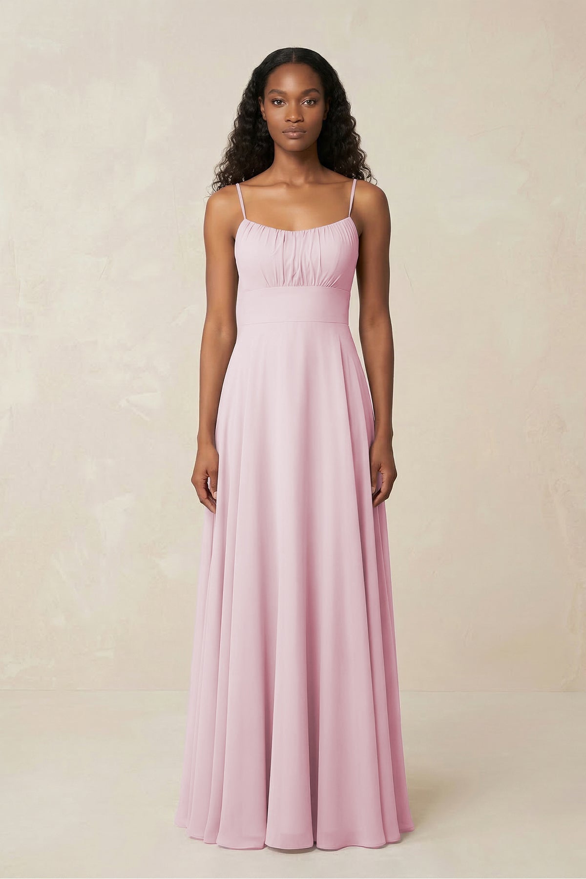 A-Line Ruched Chiffon Spaghetti Strap Bridesmaid Dress in Candy Pink - Curvevia