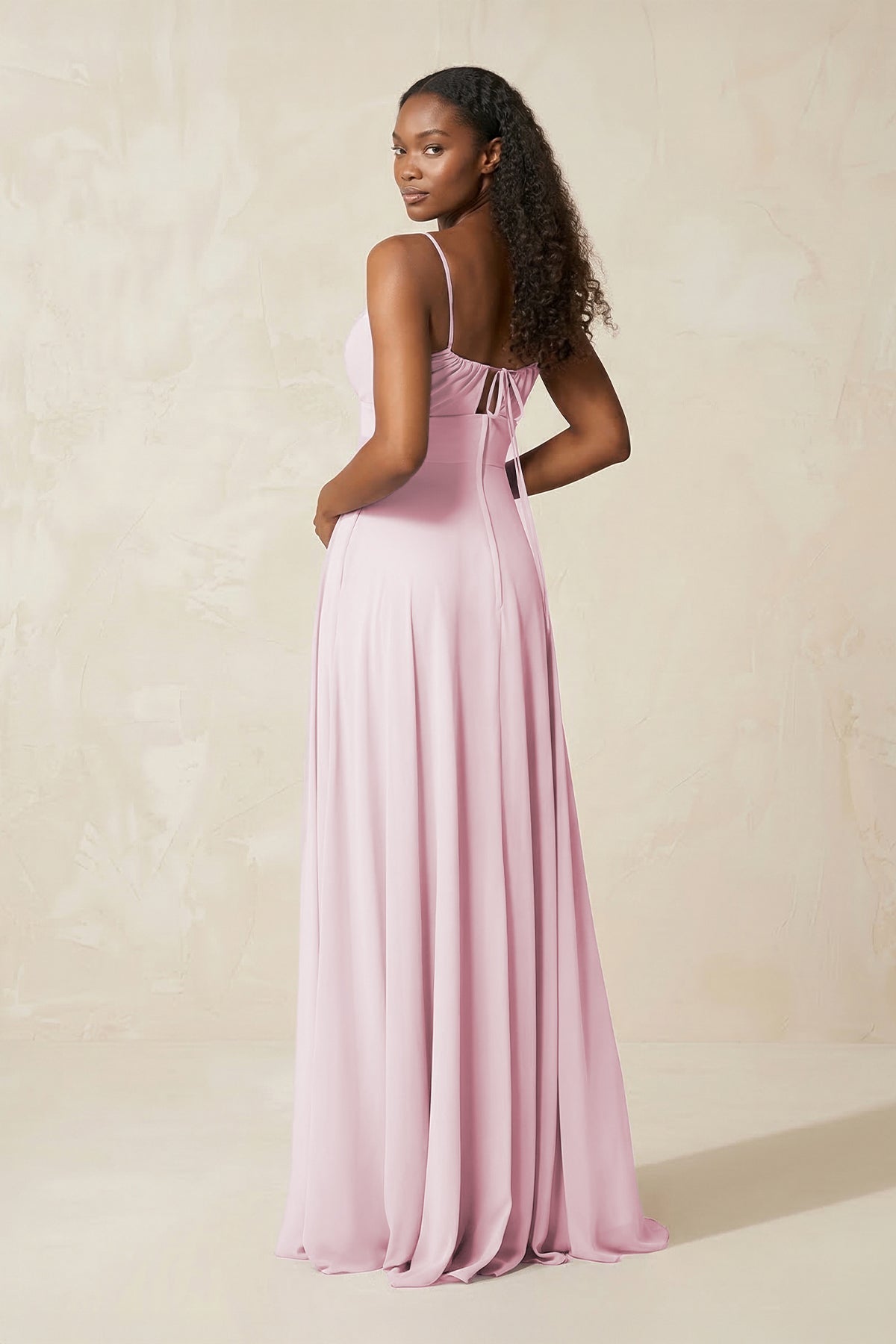 A-Line Ruched Chiffon Spaghetti Strap Bridesmaid Dress in Candy Pink - Curvevia
