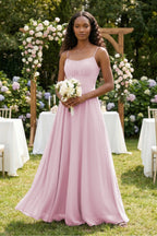 A-Line Ruched Chiffon Spaghetti Strap Bridesmaid Dress in Candy Pink - Curvevia