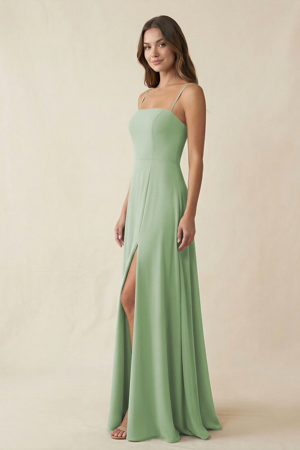 Spaghetti Strap A-Line Chiffon Maxi Bridesmaid Dress in Sage - Curvevia