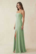 Spaghetti Strap A-Line Chiffon Maxi Bridesmaid Dress in Sage - Curvevia