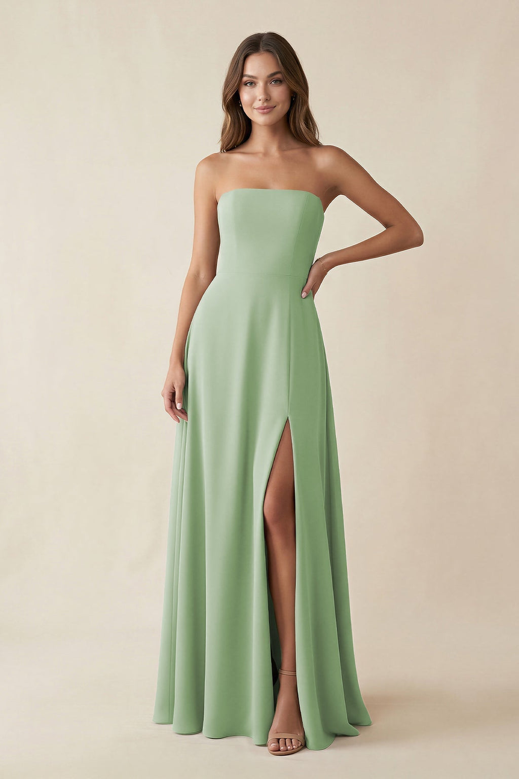 Spaghetti Strap A-Line Chiffon Maxi Bridesmaid Dress in Sage - Curvevia