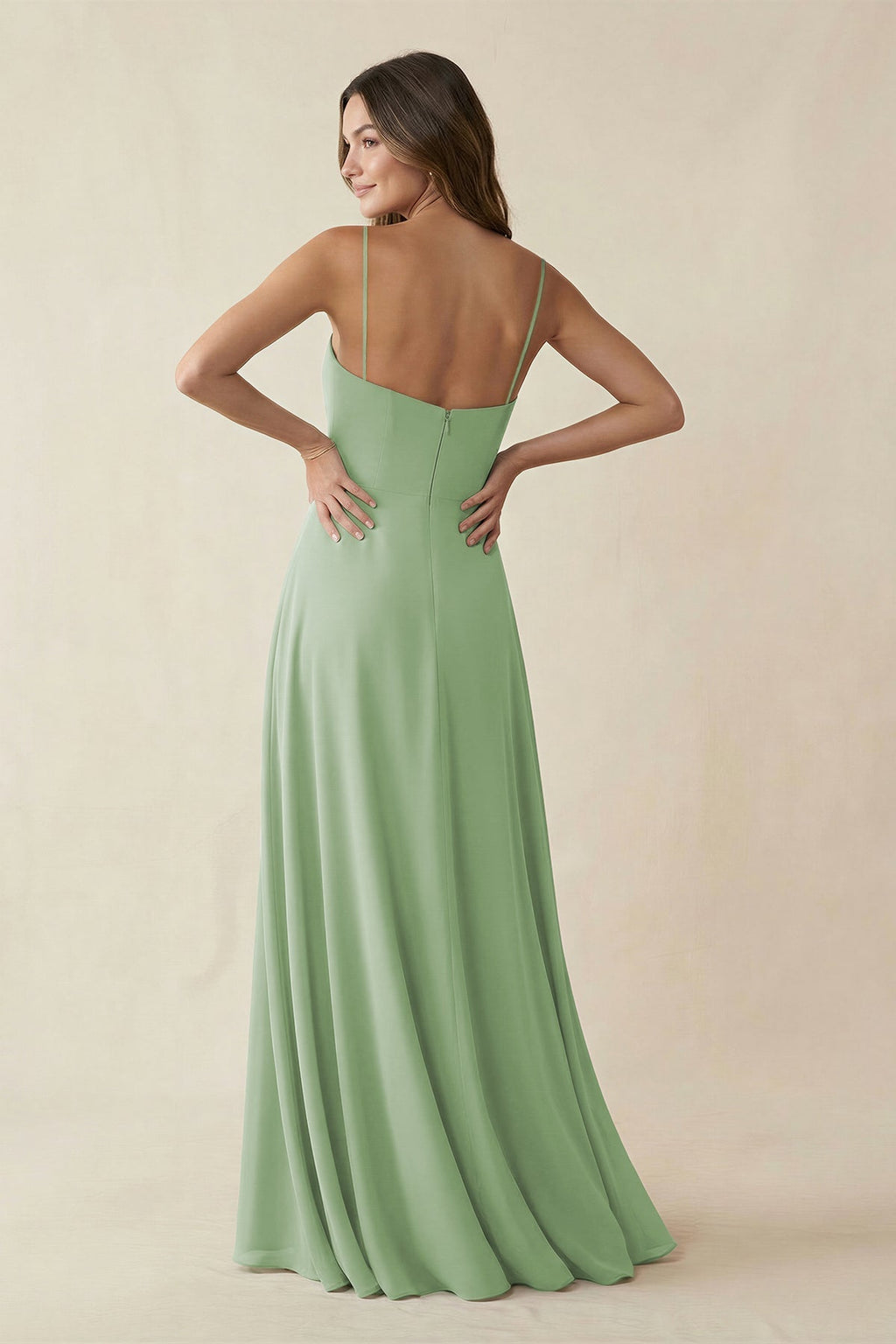 Spaghetti Strap A-Line Chiffon Maxi Bridesmaid Dress in Sage - Curvevia