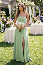 Spaghetti Strap A-Line Chiffon Maxi Bridesmaid Dress in Sage - Curvevia
