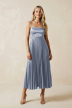 Spaghetti Strap A-Line Satin Midi Bridesmaid Dress in Twilight - Curvevia