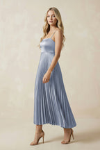 Spaghetti Strap A-Line Satin Midi Bridesmaid Dress in Twilight - Curvevia