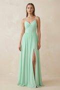 Spaghetti Strap Pleated A-Line Chiffon Mother of the Bride Dress in Pale Pistachio - Curvevia