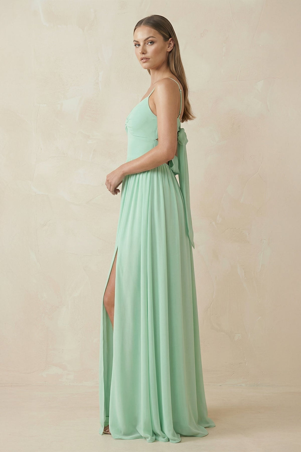 Spaghetti Strap Pleated A-Line Chiffon Mother of the Bride Dress in Pale Pistachio - Curvevia