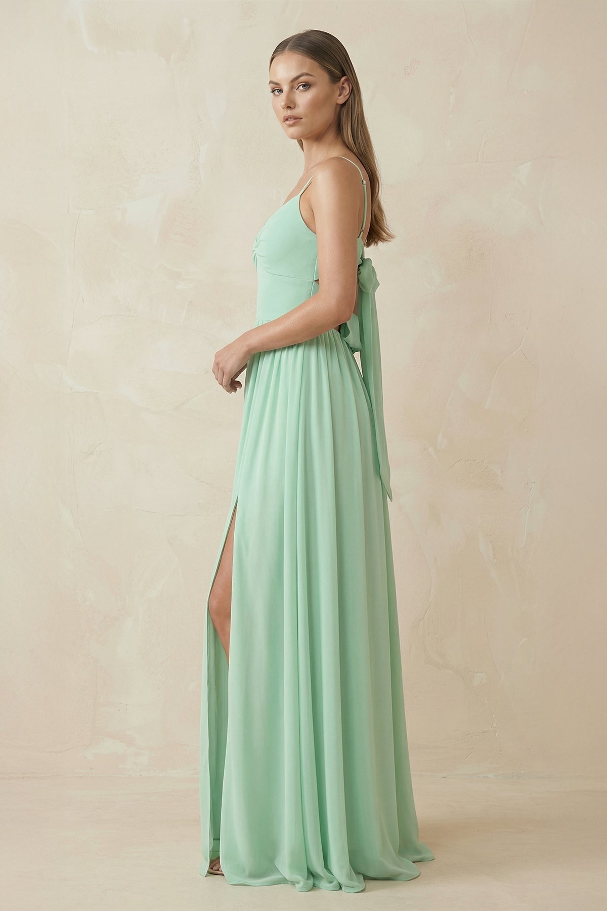 Spaghetti Strap Pleated A-Line Chiffon Mother of the Bride Dress in Pale Pistachio - Curvevia