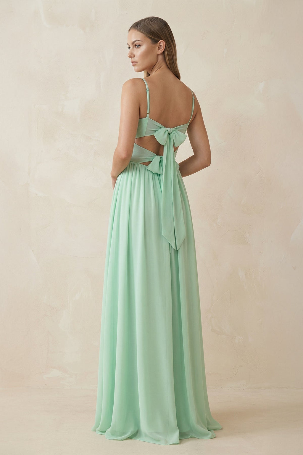 Spaghetti Strap Pleated A-Line Chiffon Mother of the Bride Dress in Pale Pistachio - Curvevia