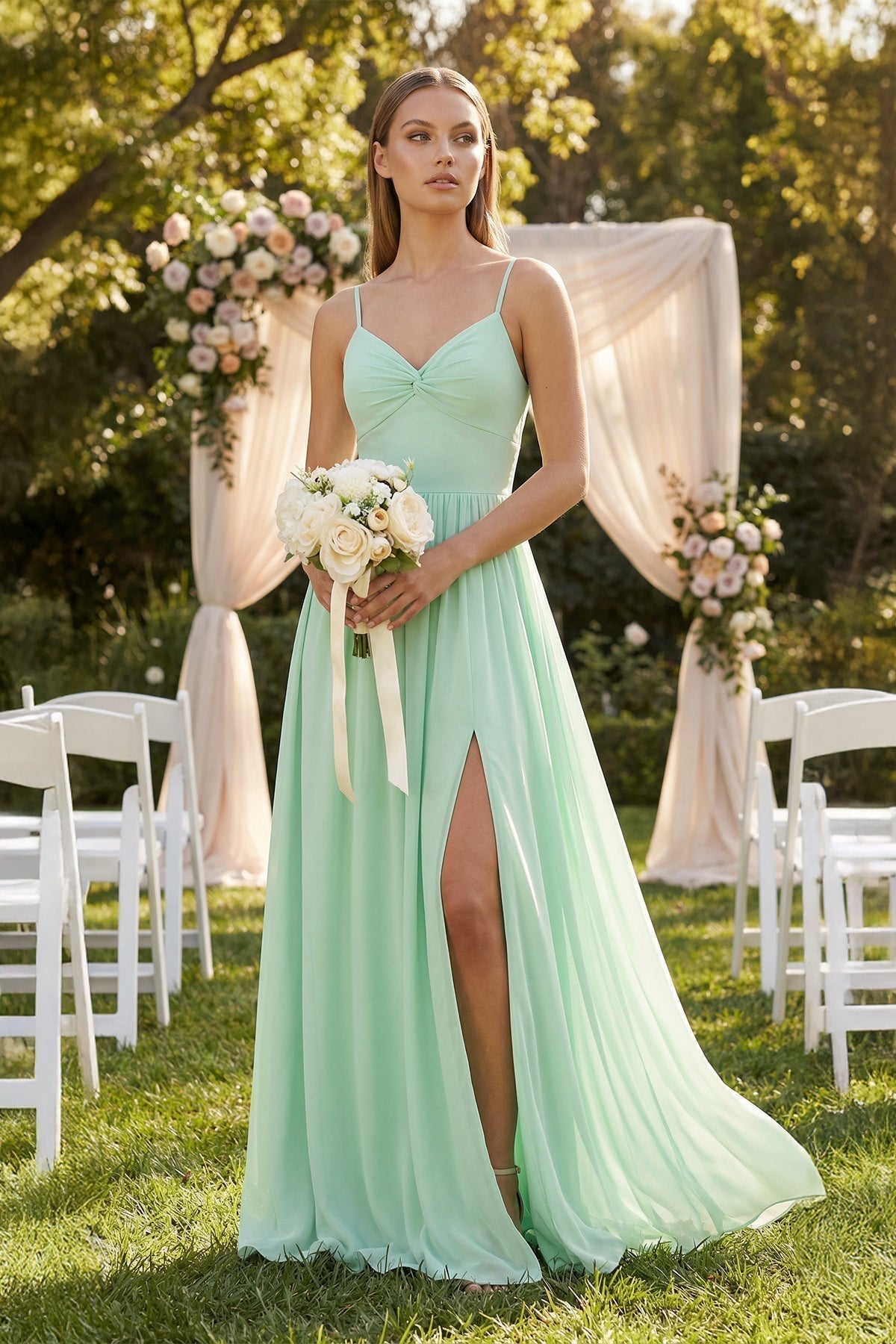 Spaghetti Strap Pleated A-Line Chiffon Mother of the Bride Dress in Pale Pistachio - Curvevia