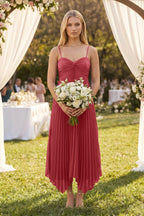 Spaghetti Strap Pleated A-Line Chiffon Midi Bridesmaid Dress in Desert Rose - Curvevia