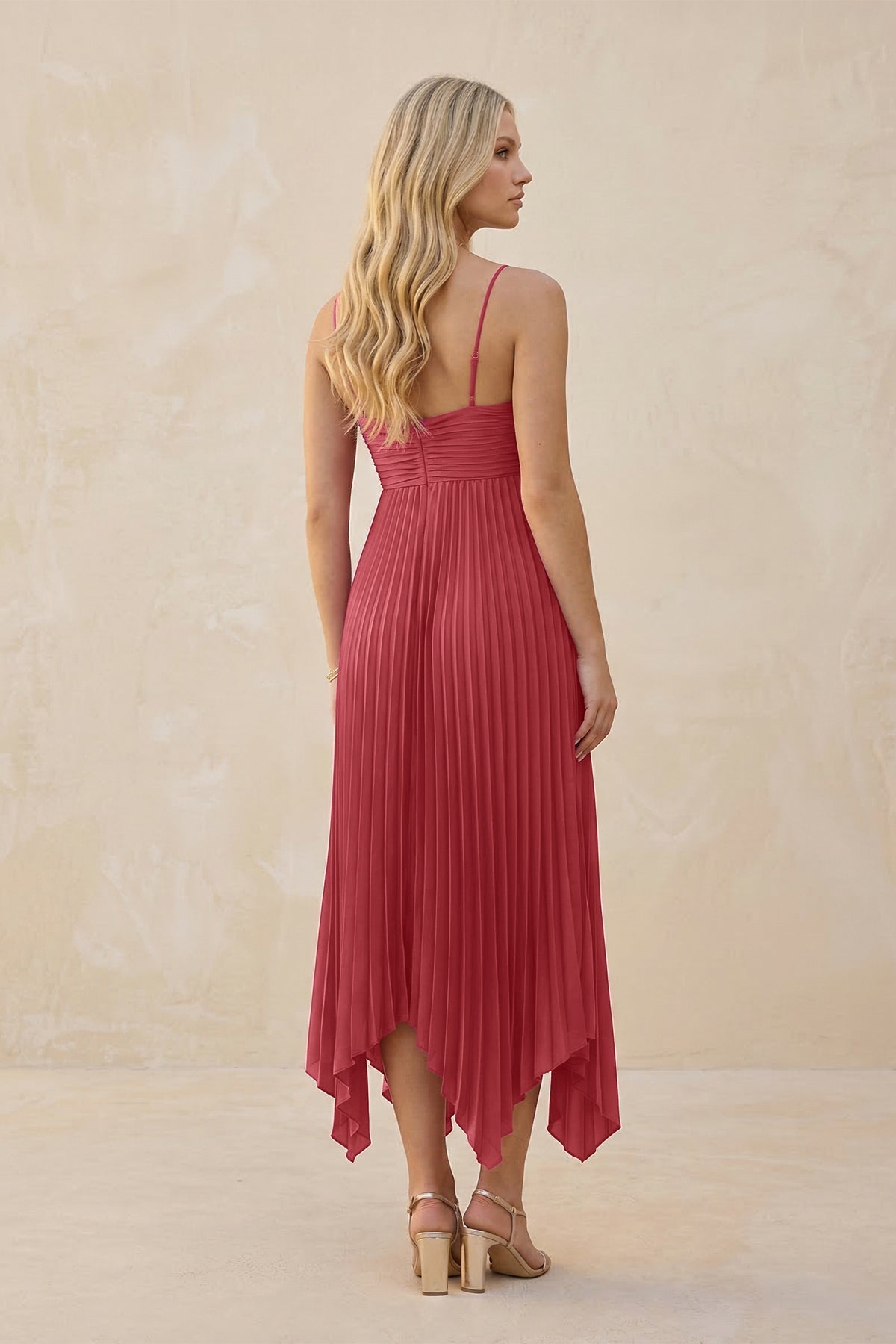 Spaghetti Strap Pleated A-Line Chiffon Midi Bridesmaid Dress in Desert Rose - Curvevia