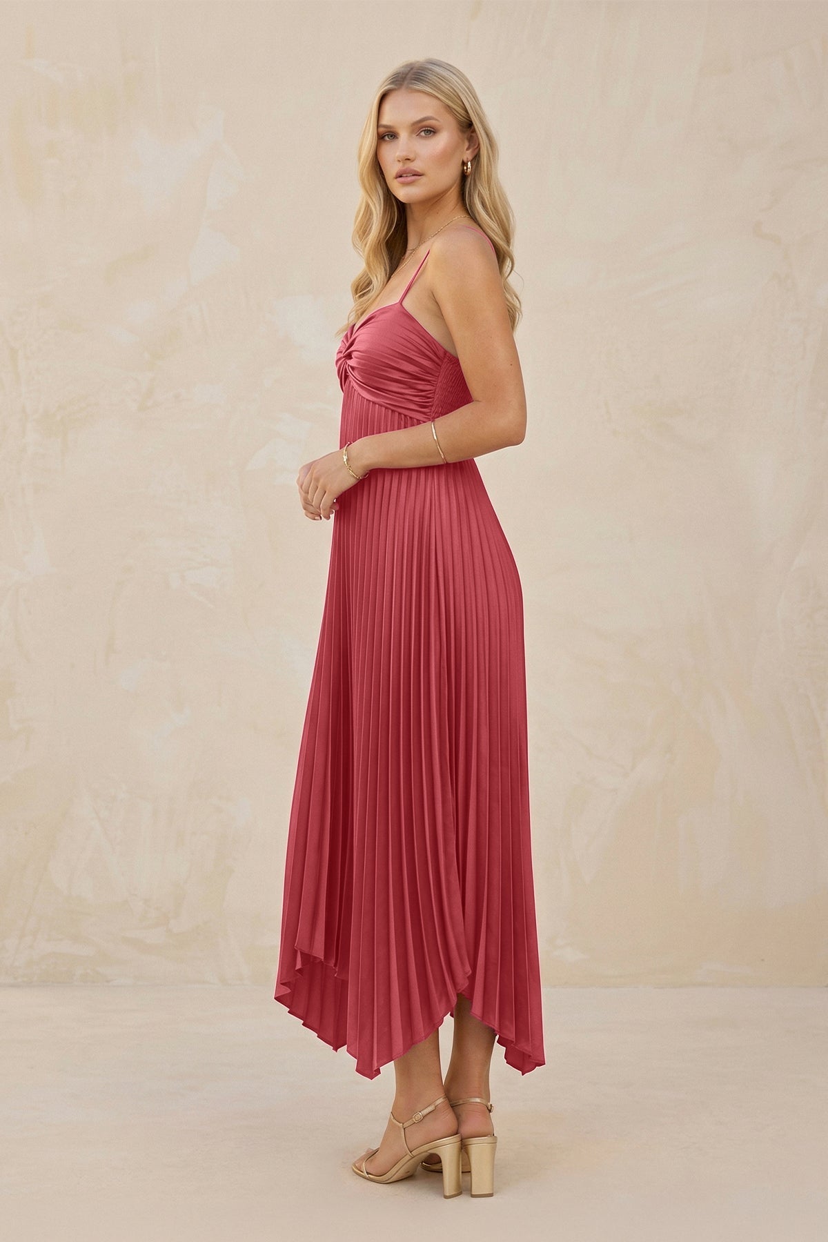 Spaghetti Strap Pleated A-Line Chiffon Midi Bridesmaid Dress in Desert Rose - Curvevia