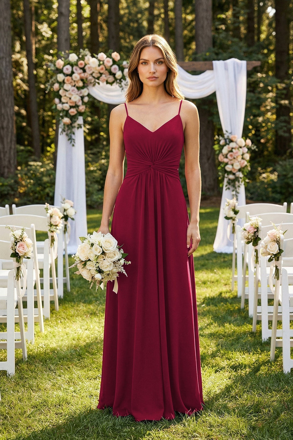 Spaghetti Strap Ruched Chiffon A-Line Bridesmaid Dress in Berry - Curvevia