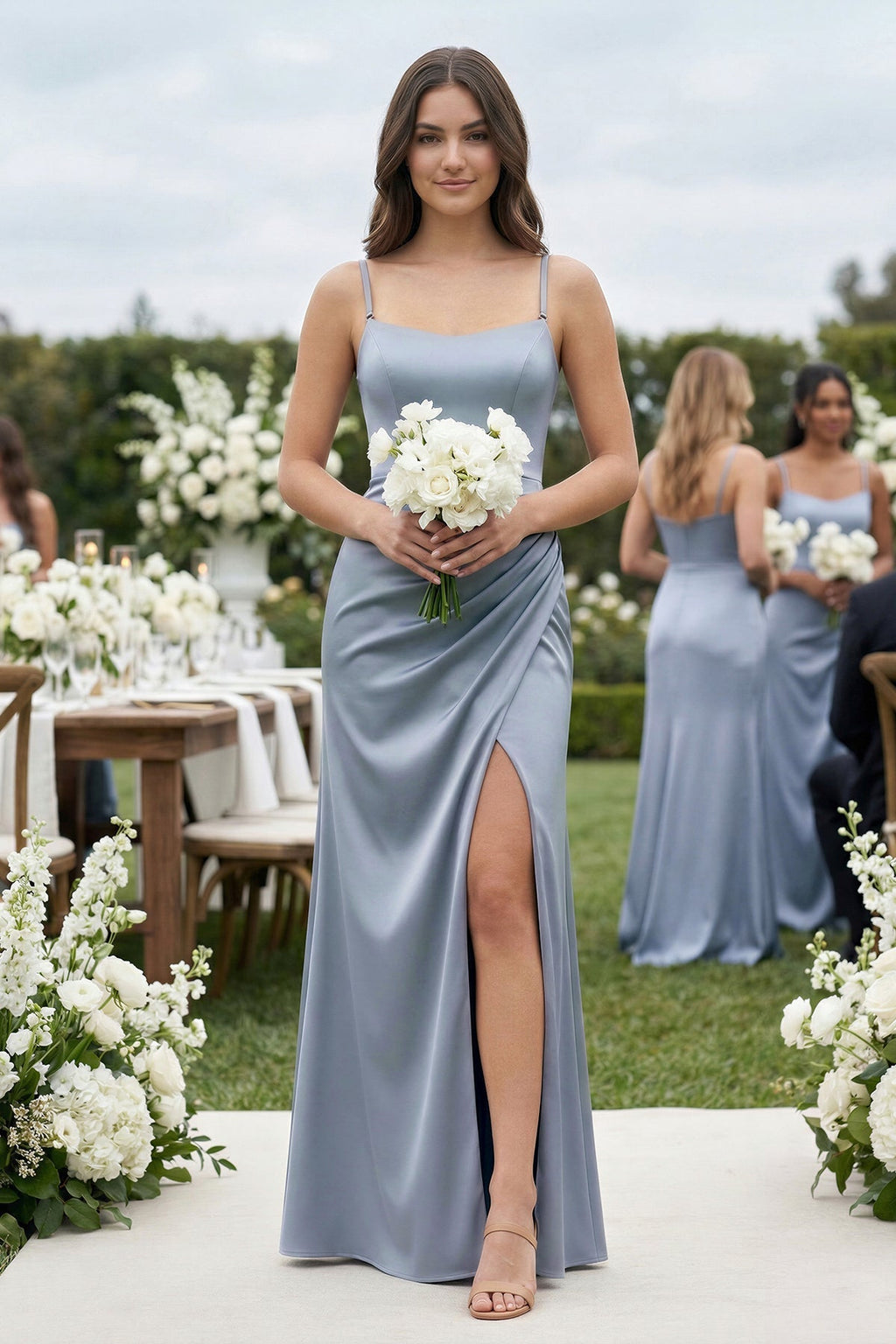 Spaghetti Strap Ruched Sheath Satin Bridesmaid Dress in Twilight - Curvevia