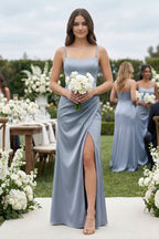 Spaghetti Strap Ruched Sheath Satin Bridesmaid Dress in Twilight - Curvevia