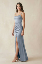 Spaghetti Strap Ruched Sheath Satin Bridesmaid Dress in Twilight - Curvevia