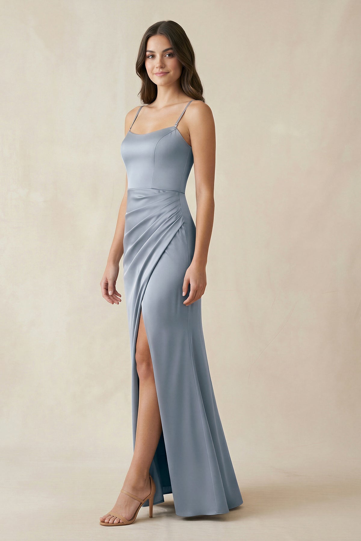 Spaghetti Strap Ruched Sheath Satin Bridesmaid Dress in Twilight - Curvevia