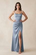 Spaghetti Strap Ruched Sheath Satin Bridesmaid Dress in Twilight - Curvevia