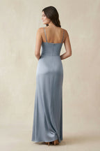Spaghetti Strap Ruched Sheath Satin Bridesmaid Dress in Twilight - Curvevia