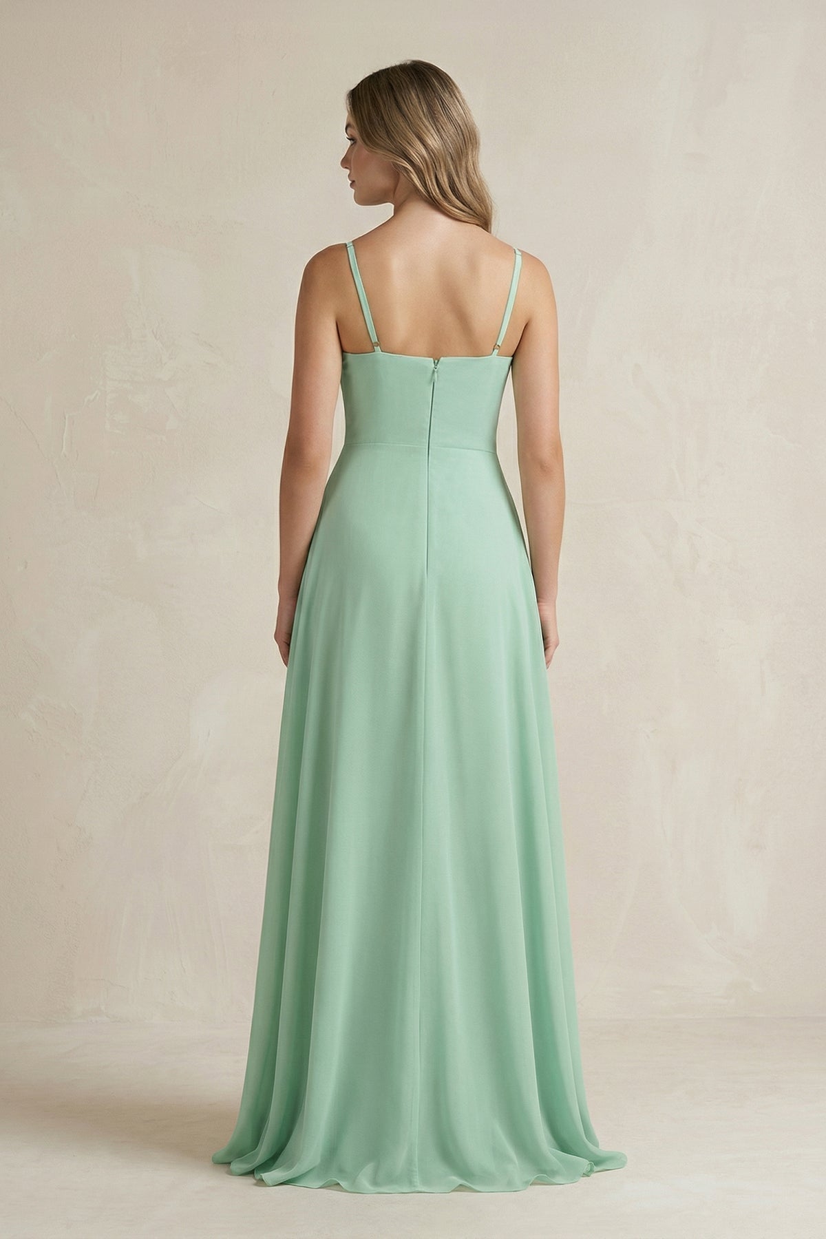 Spaghetti Strap Ruffled A-Line Chiffon Bridesmaid Dress in Pale Pistachio - Curvevia