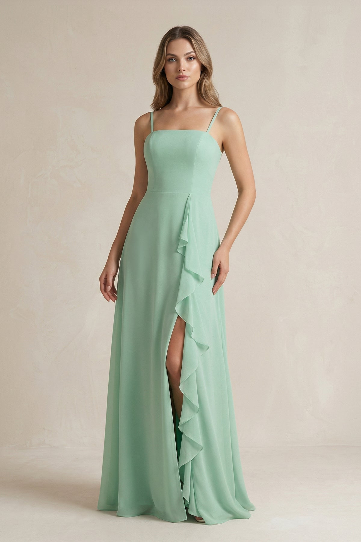 Spaghetti Strap Ruffled A-Line Chiffon Bridesmaid Dress in Pale Pistachio - Curvevia