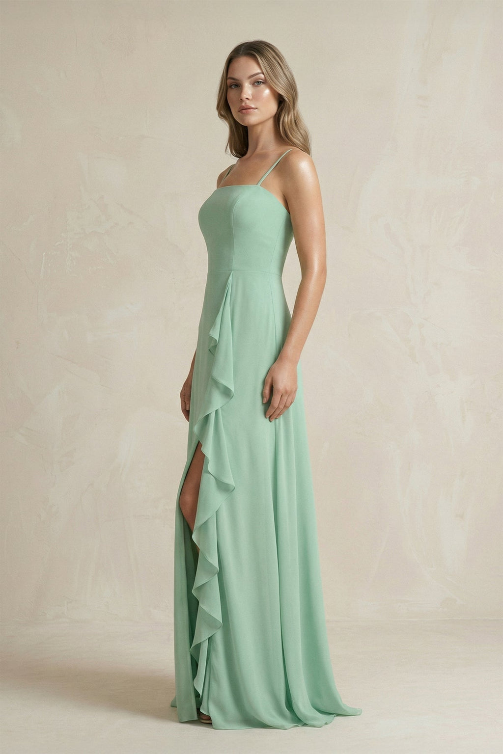 Spaghetti Strap Ruffled A-Line Chiffon Bridesmaid Dress in Pale Pistachio - Curvevia