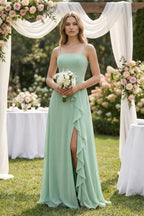 Spaghetti Strap Ruffled A-Line Chiffon Bridesmaid Dress in Pale Pistachio - Curvevia