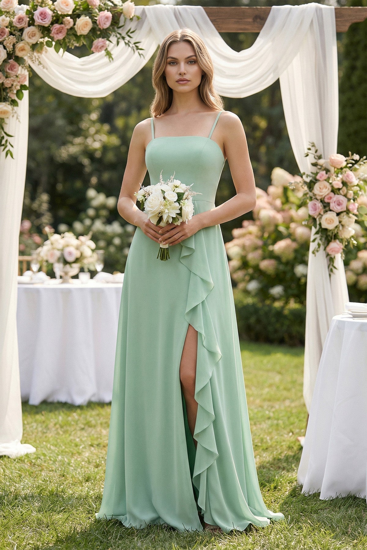 Spaghetti Strap Ruffled A-Line Chiffon Bridesmaid Dress in Pale Pistachio - Curvevia