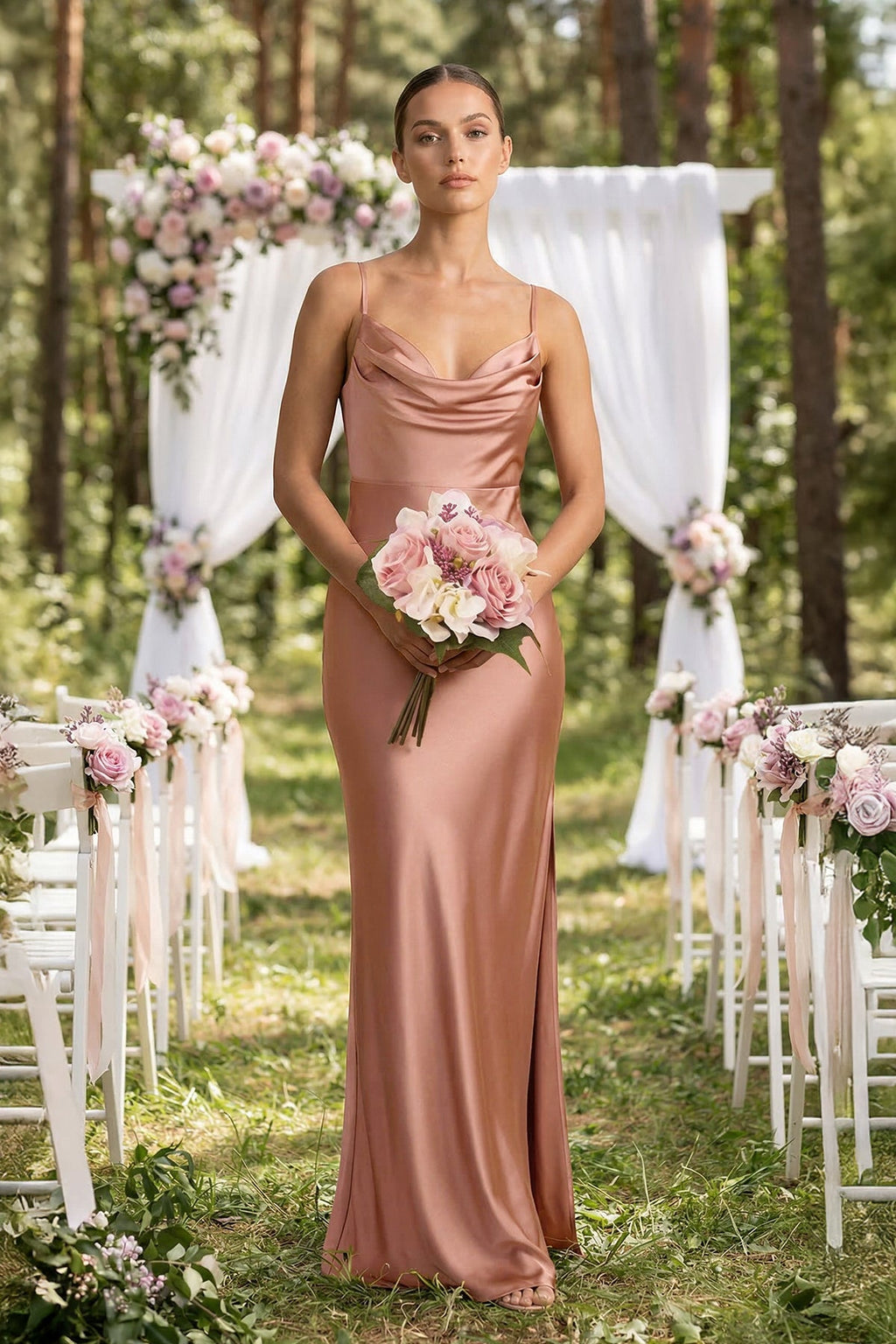 Spaghetti Strap Satin Sheath Bridesmaid Dress in Rosette - Curvevia