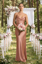 Spaghetti Strap Satin Sheath Bridesmaid Dress in Rosette - Curvevia