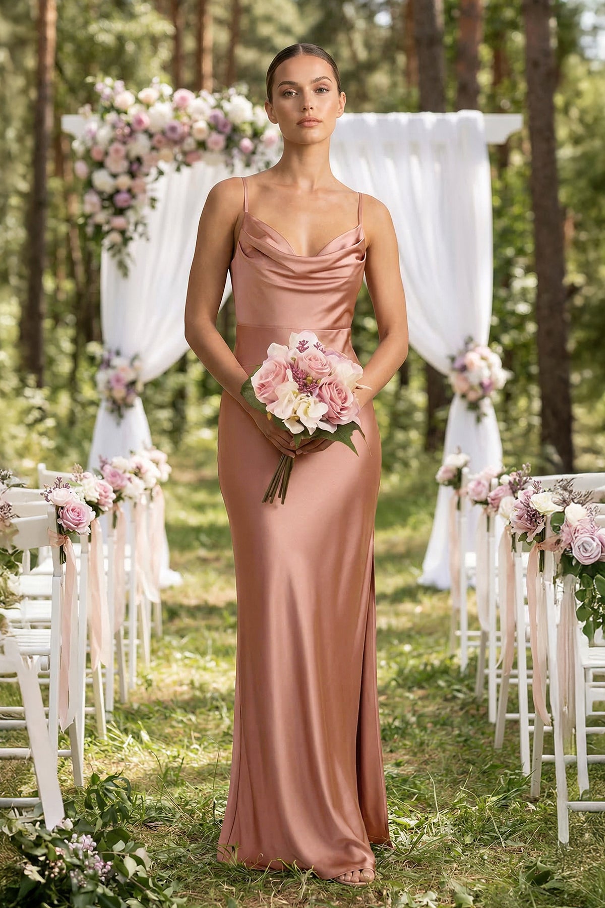 Spaghetti Strap Satin Sheath Bridesmaid Dress in Rosette - Curvevia