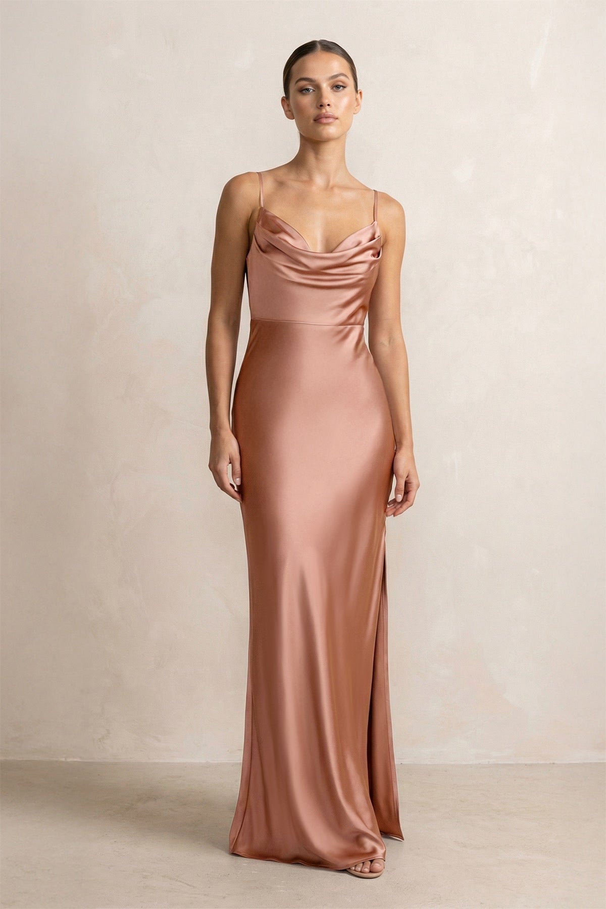 Spaghetti Strap Satin Sheath Bridesmaid Dress in Rosette - Curvevia