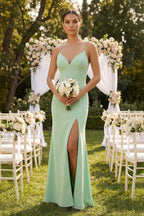 Spaghetti Strap Sheath Chiffon Bridesmaid Dress With Slit in Pale Pistachio - Curvevia