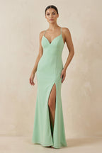 Spaghetti Strap Sheath Chiffon Bridesmaid Dress With Slit in Pale Pistachio - Curvevia