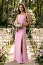 Spaghetti Strap Sheath Satin Bridesmaid Dress with Bow in Pink - Curvevia