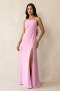 Spaghetti Strap Sheath Satin Bridesmaid Dress with Bow in Pink - Curvevia