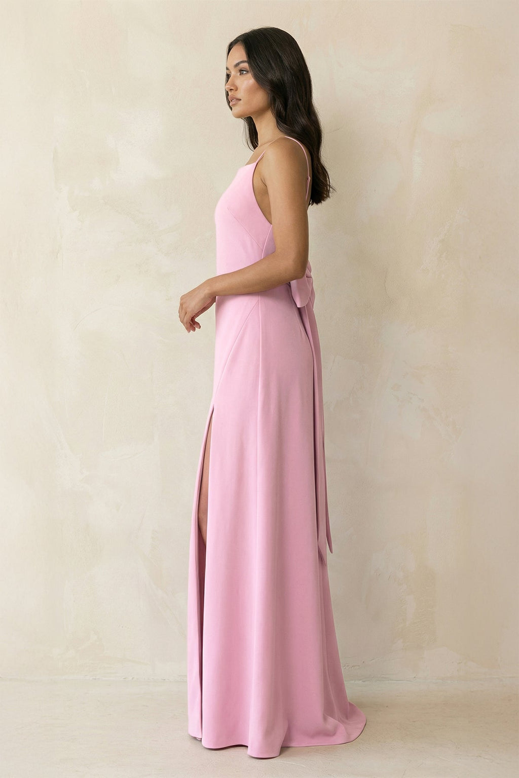 Spaghetti Strap Sheath Satin Bridesmaid Dress with Bow in Pink - Curvevia