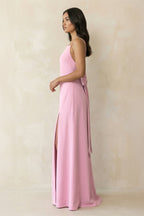 Spaghetti Strap Sheath Satin Bridesmaid Dress with Bow in Pink - Curvevia
