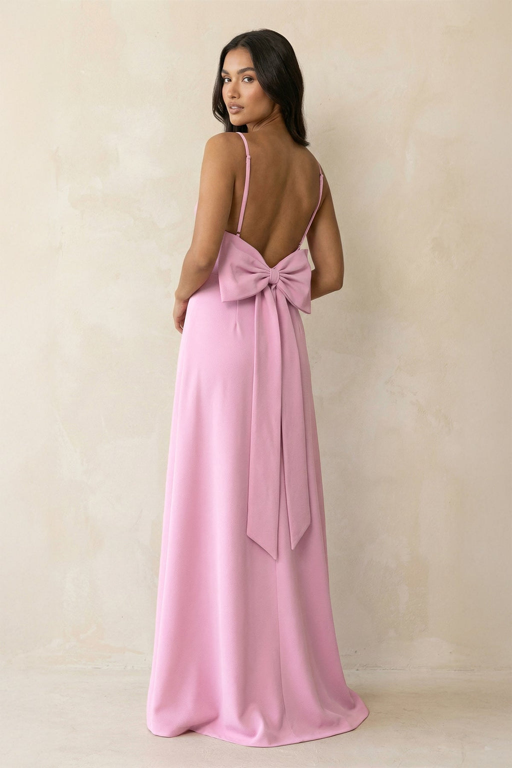 Spaghetti Strap Sheath Satin Bridesmaid Dress with Bow in Pink - Curvevia