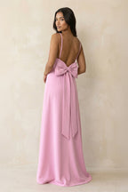 Spaghetti Strap Sheath Satin Bridesmaid Dress with Bow in Pink - Curvevia