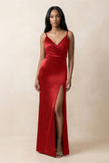 Spaghetti Strap Sheath Satin Ruched Bridesmaid Dress in Spice - Curvevia
