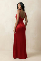 Spaghetti Strap Sheath Satin Ruched Bridesmaid Dress in Spice - Curvevia