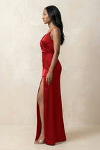Spaghetti Strap Sheath Satin Ruched Bridesmaid Dress in Spice - Curvevia