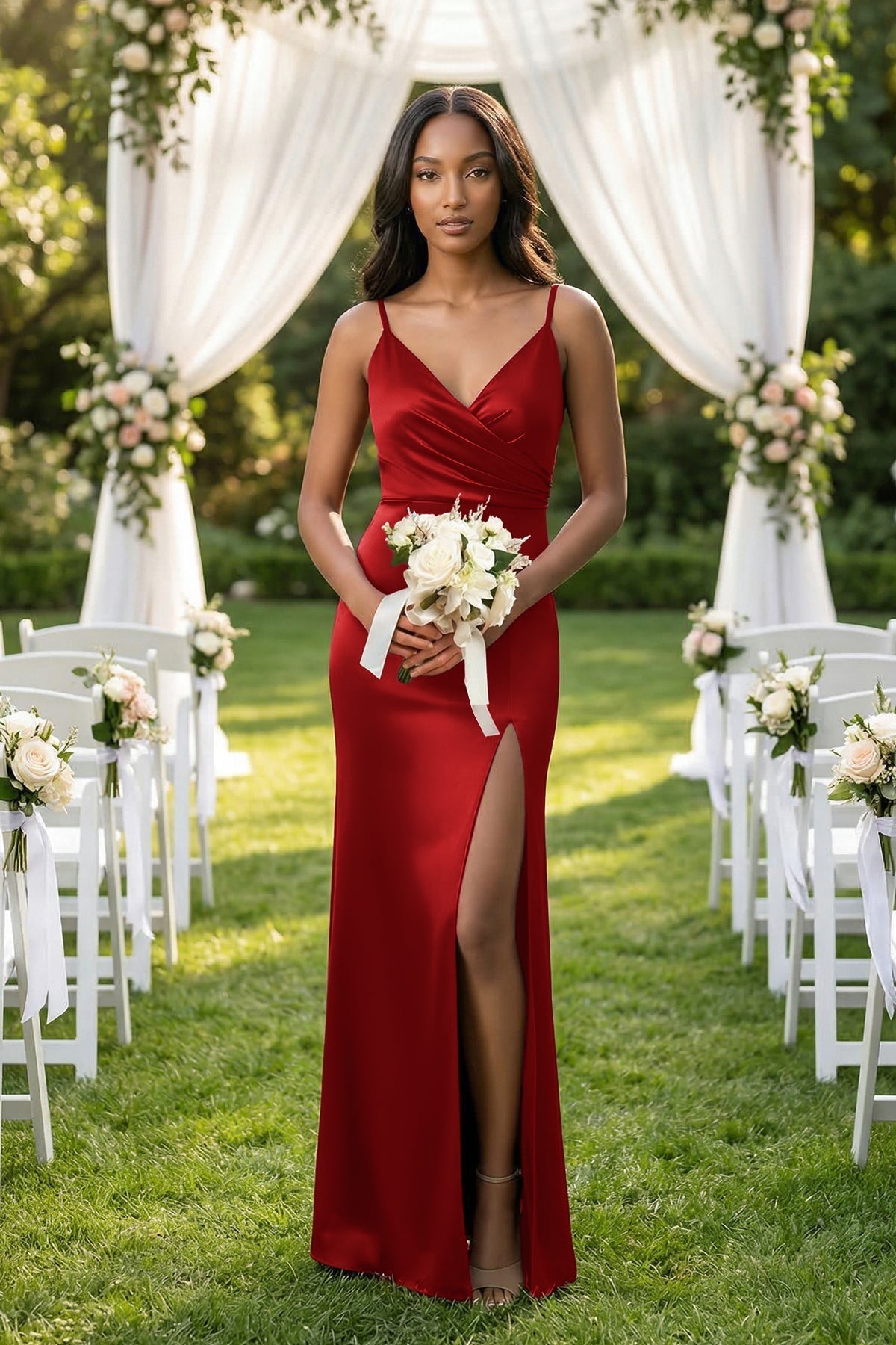 Spaghetti Strap Sheath Satin Ruched Bridesmaid Dress in Spice - Curvevia