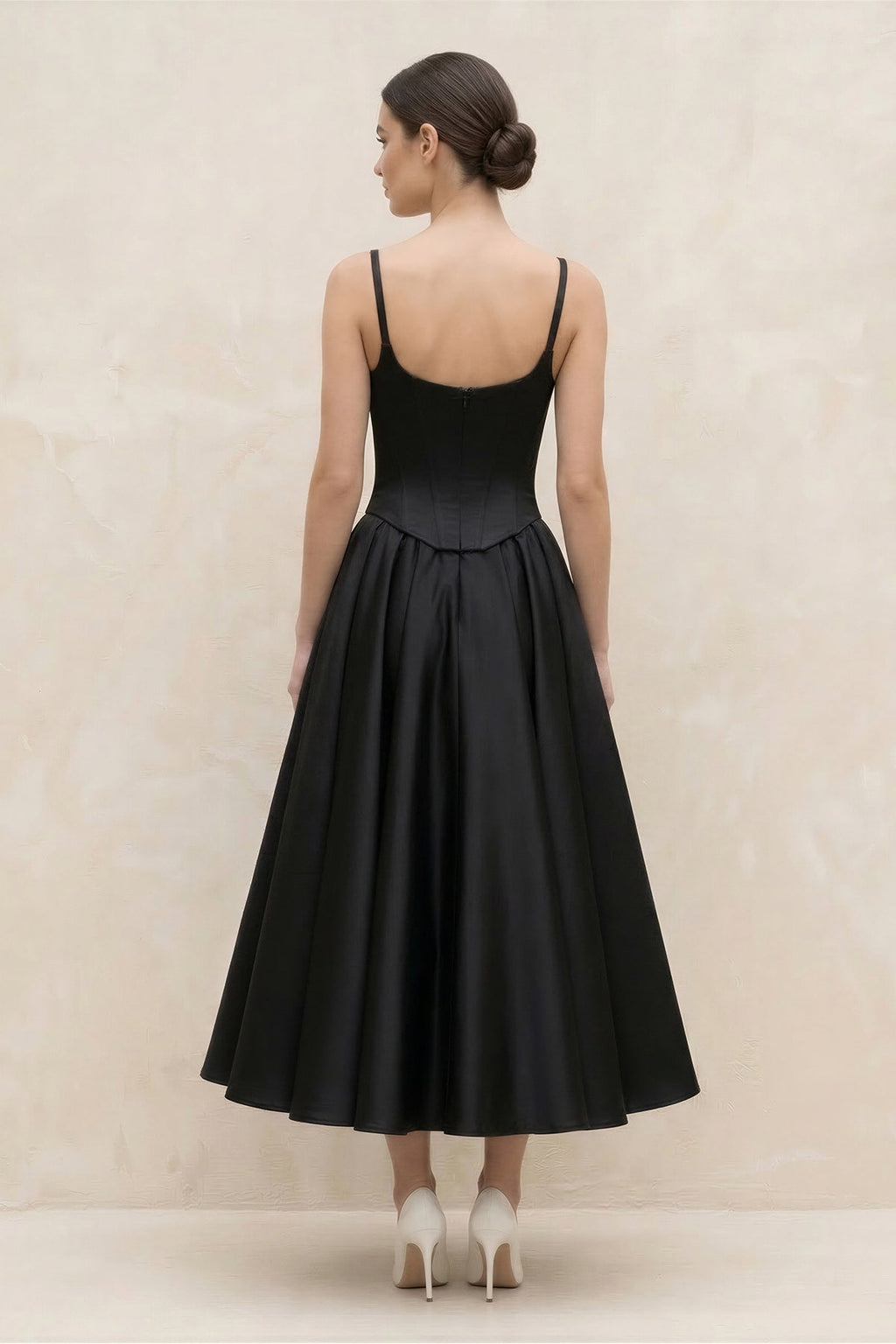 Spaghetti Straps A-Line Satin Midi Wedding Dress in Black - Curvevia