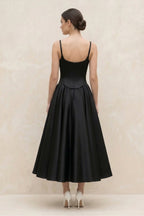Spaghetti Straps A-Line Satin Midi Wedding Dress in Black - Curvevia