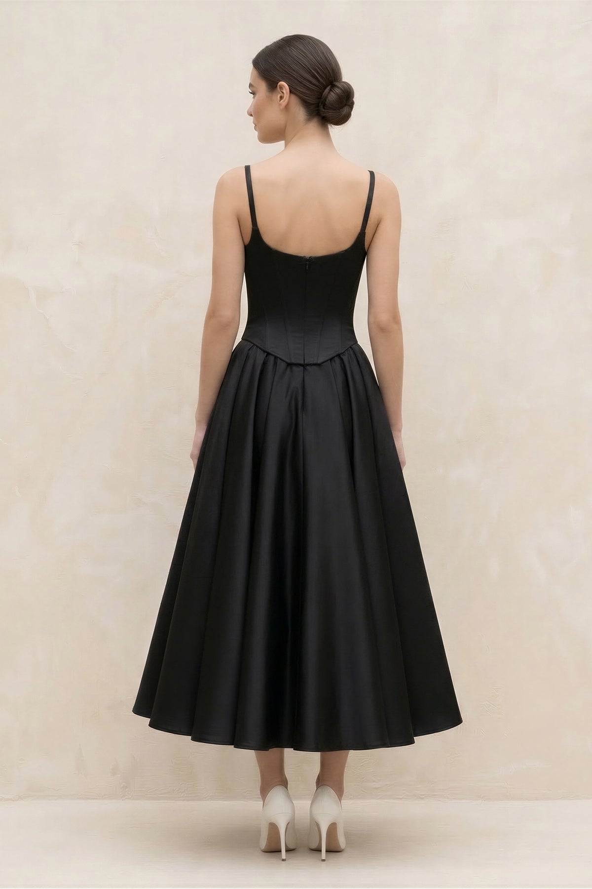 Spaghetti Straps A-Line Satin Midi Wedding Dress in Black - Curvevia